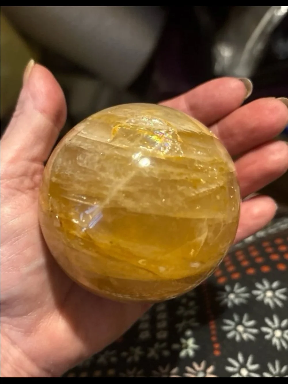 Yellow Selenite Sphere on Metal Stand